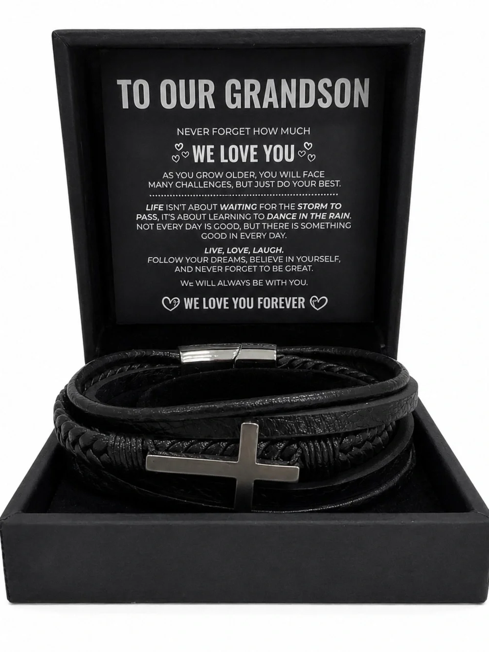 To Our Grandson Cross Leather Bracelet Gift | Stainless Steel | Gift Box Include